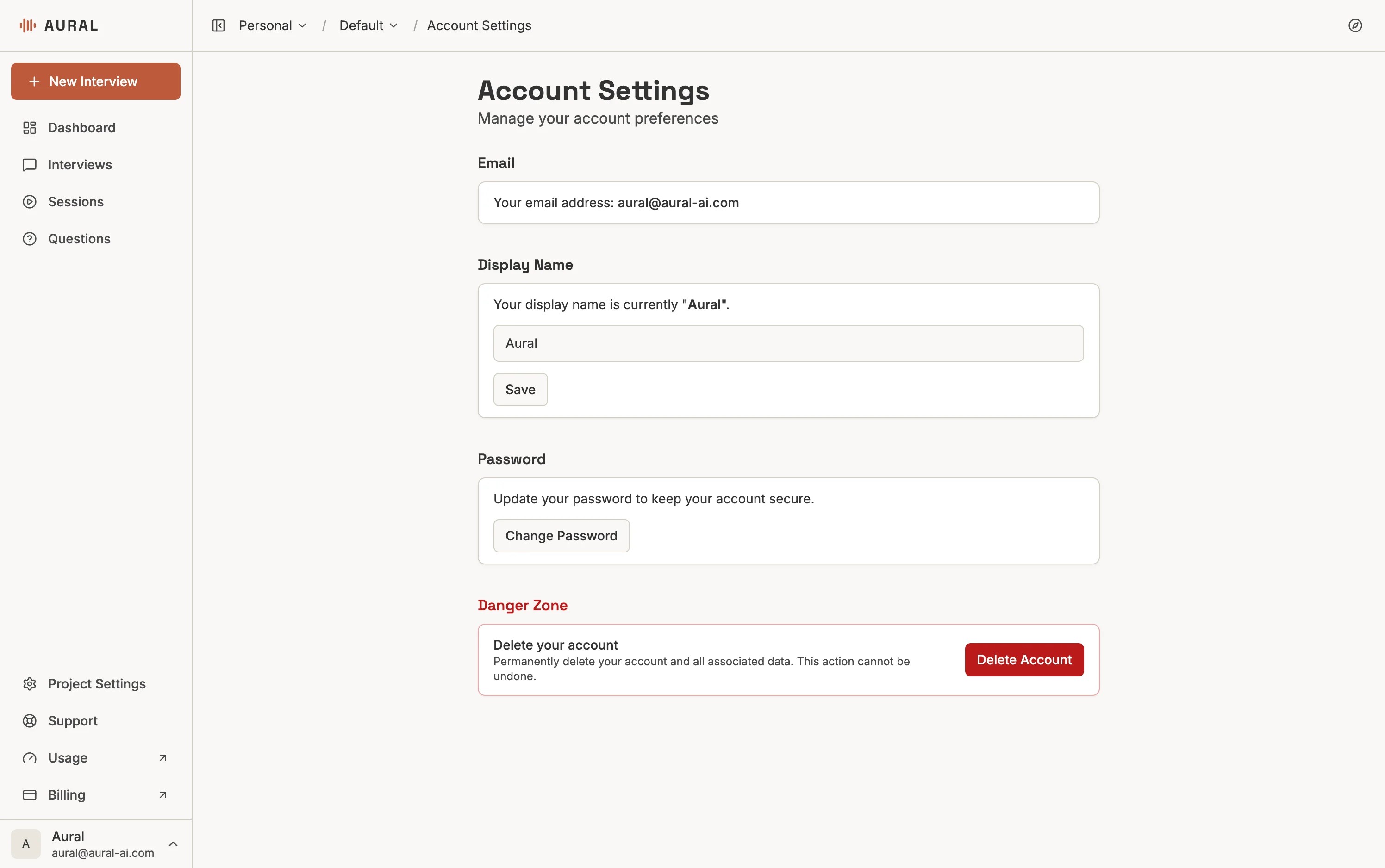 Account Settings page showing email, display name, password, and delete account sections