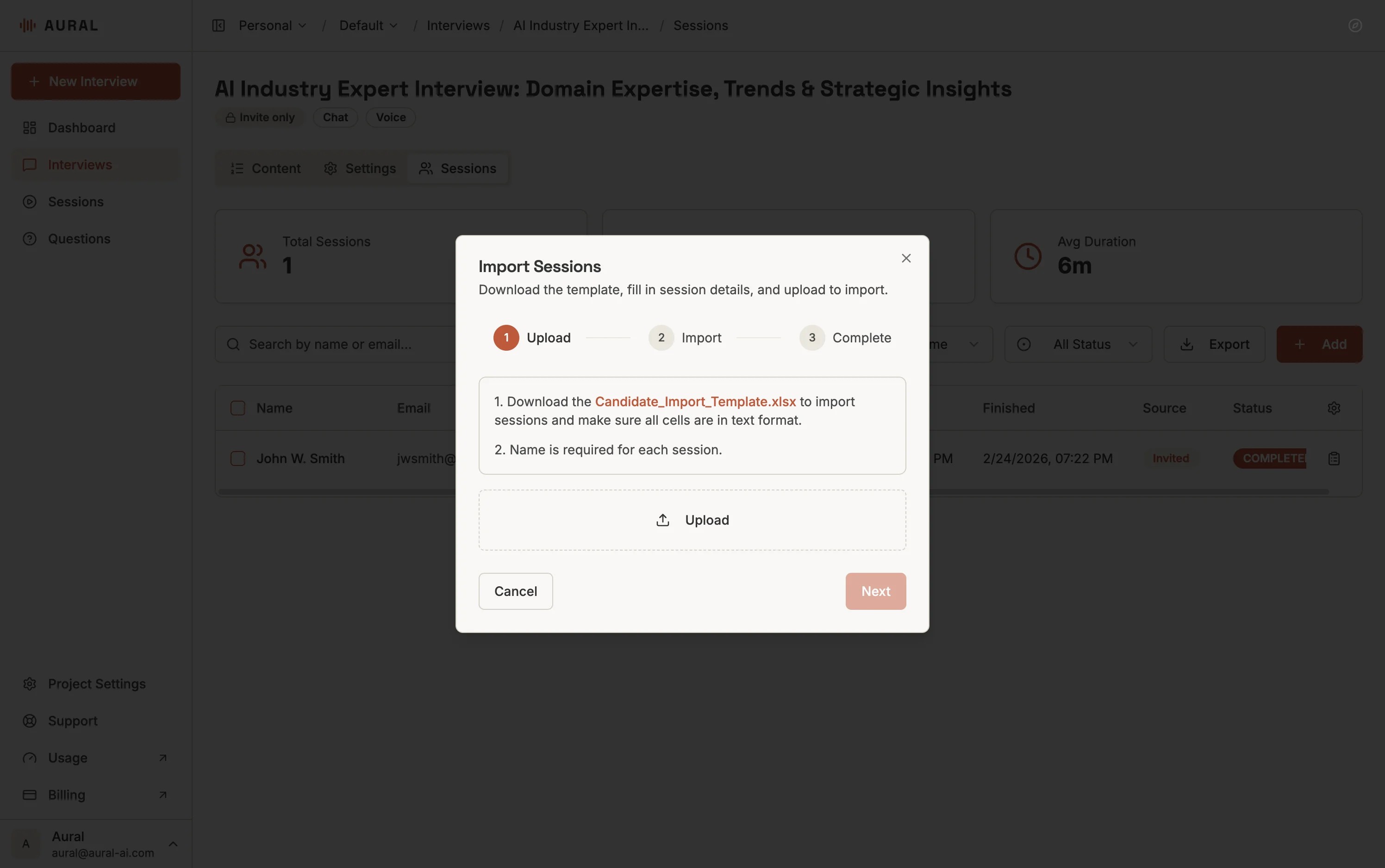 Import Sessions dialog with template download link and file upload area