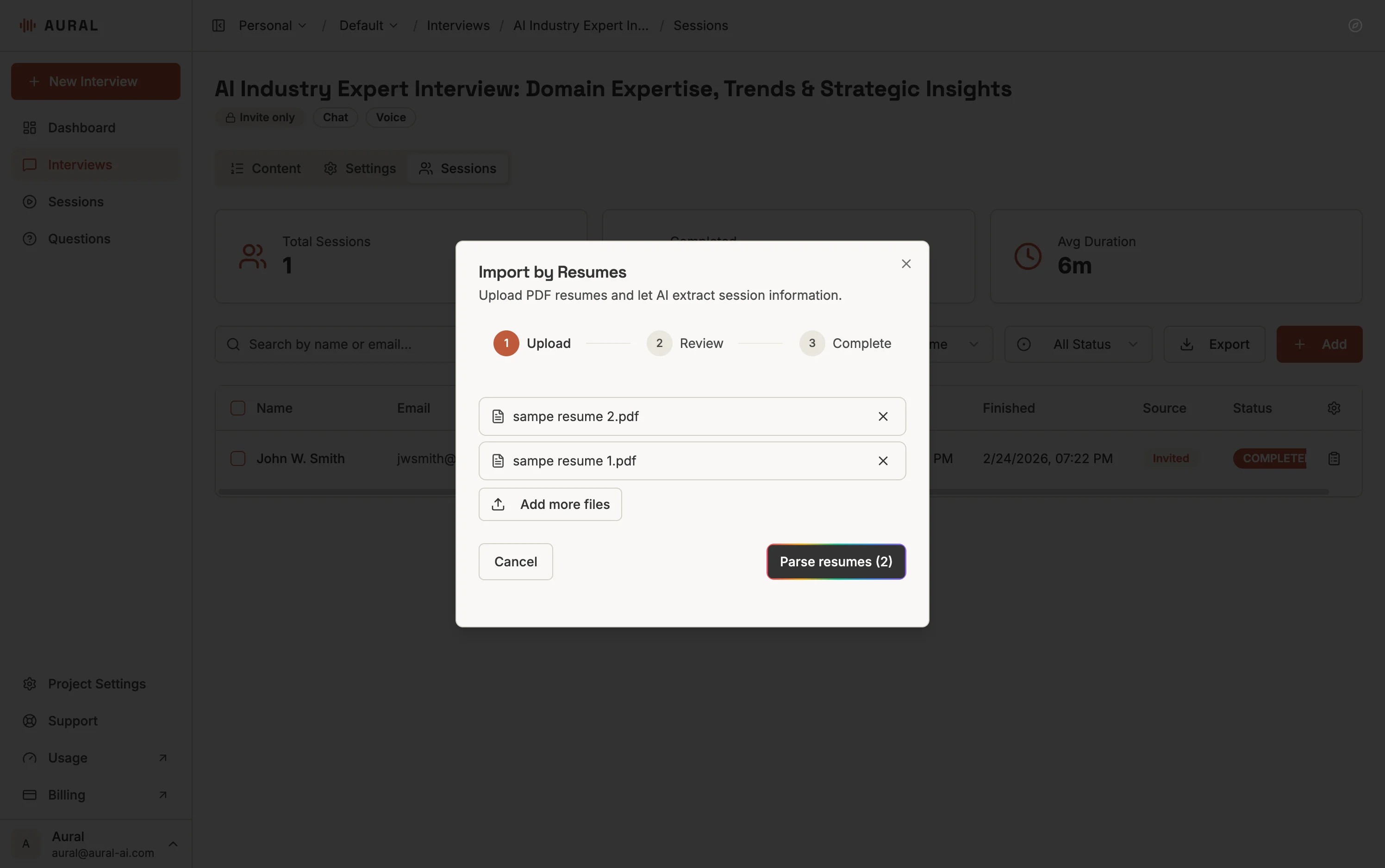Import by Resumes dialog with uploaded PDF files and Parse resumes button