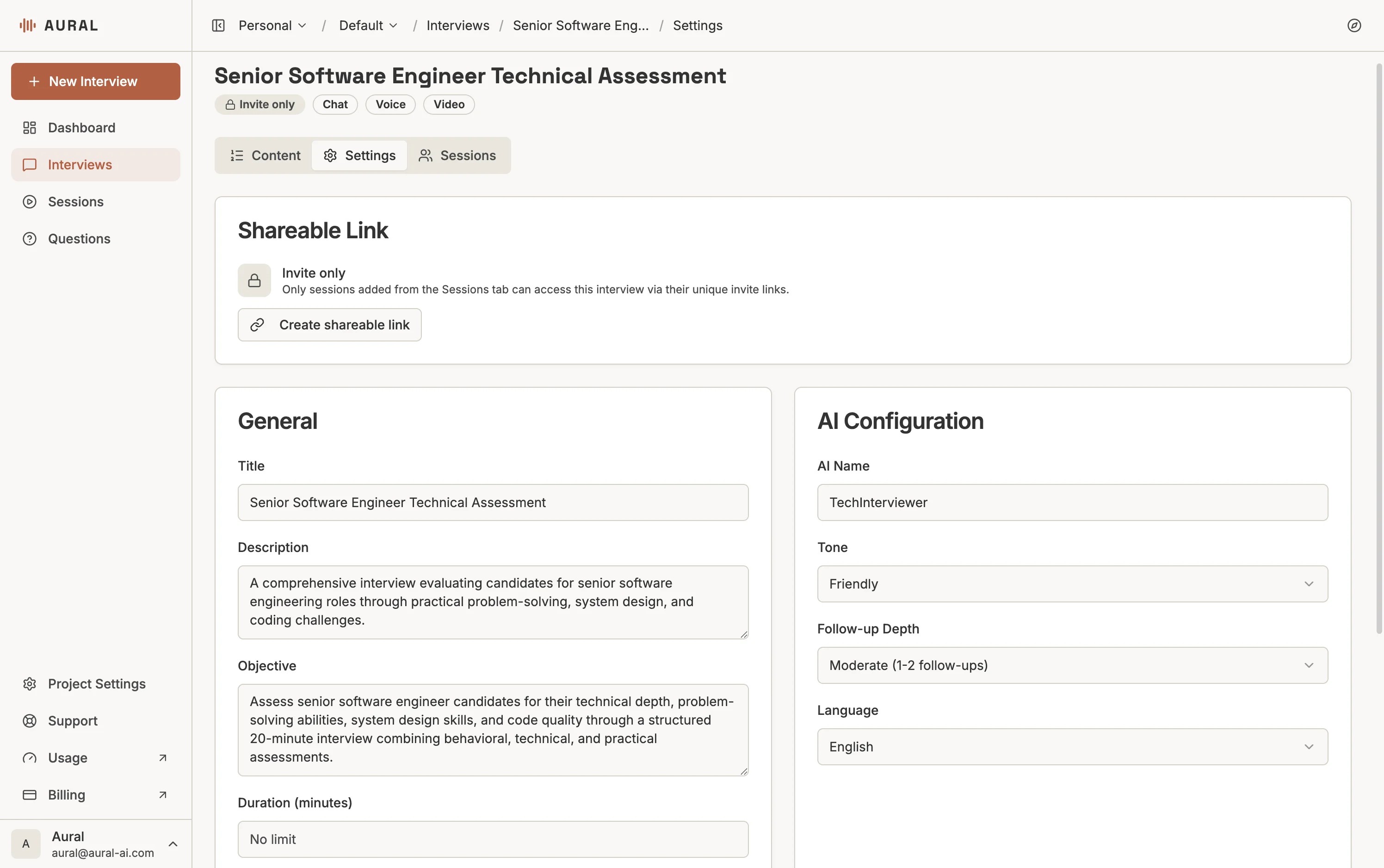 Settings tab showing Shareable Link, General, and AI Configuration sections