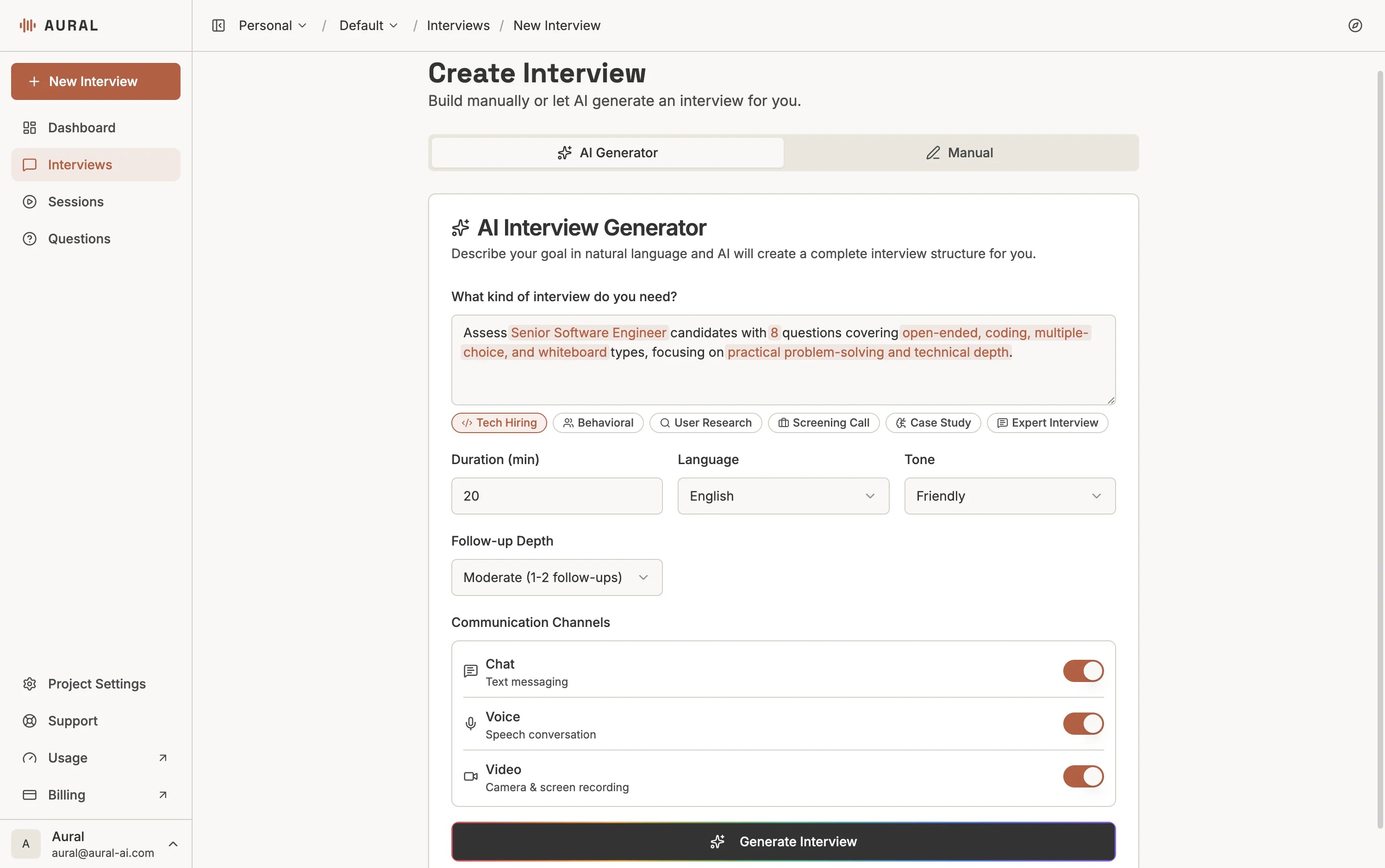 AI Generator tab with goal description and configuration options