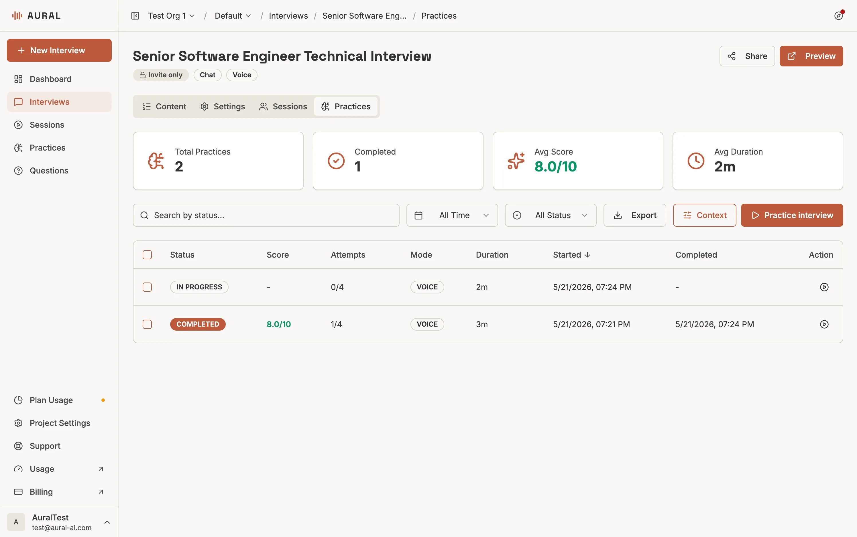 Practices dashboard with metrics, filters, scores, attempts, modes, and export action