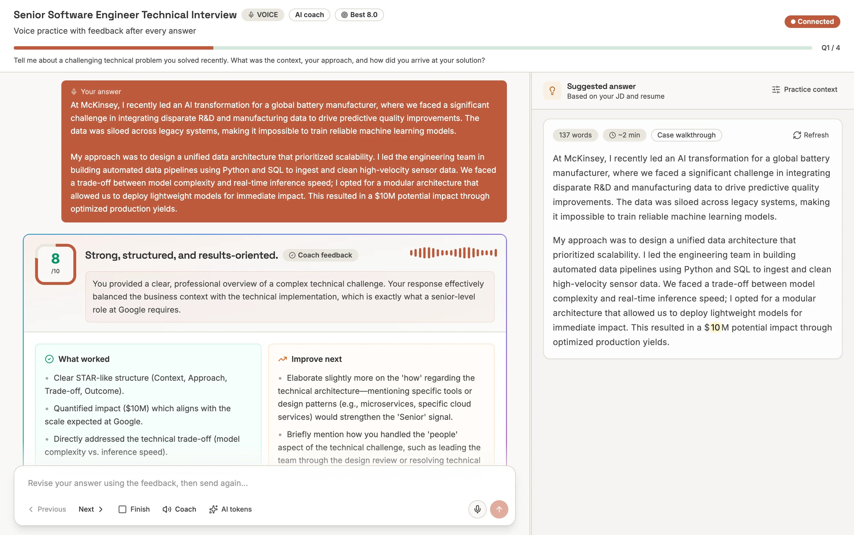 Focused practice mode with voice answer composer, AI feedback, and suggested answer panel