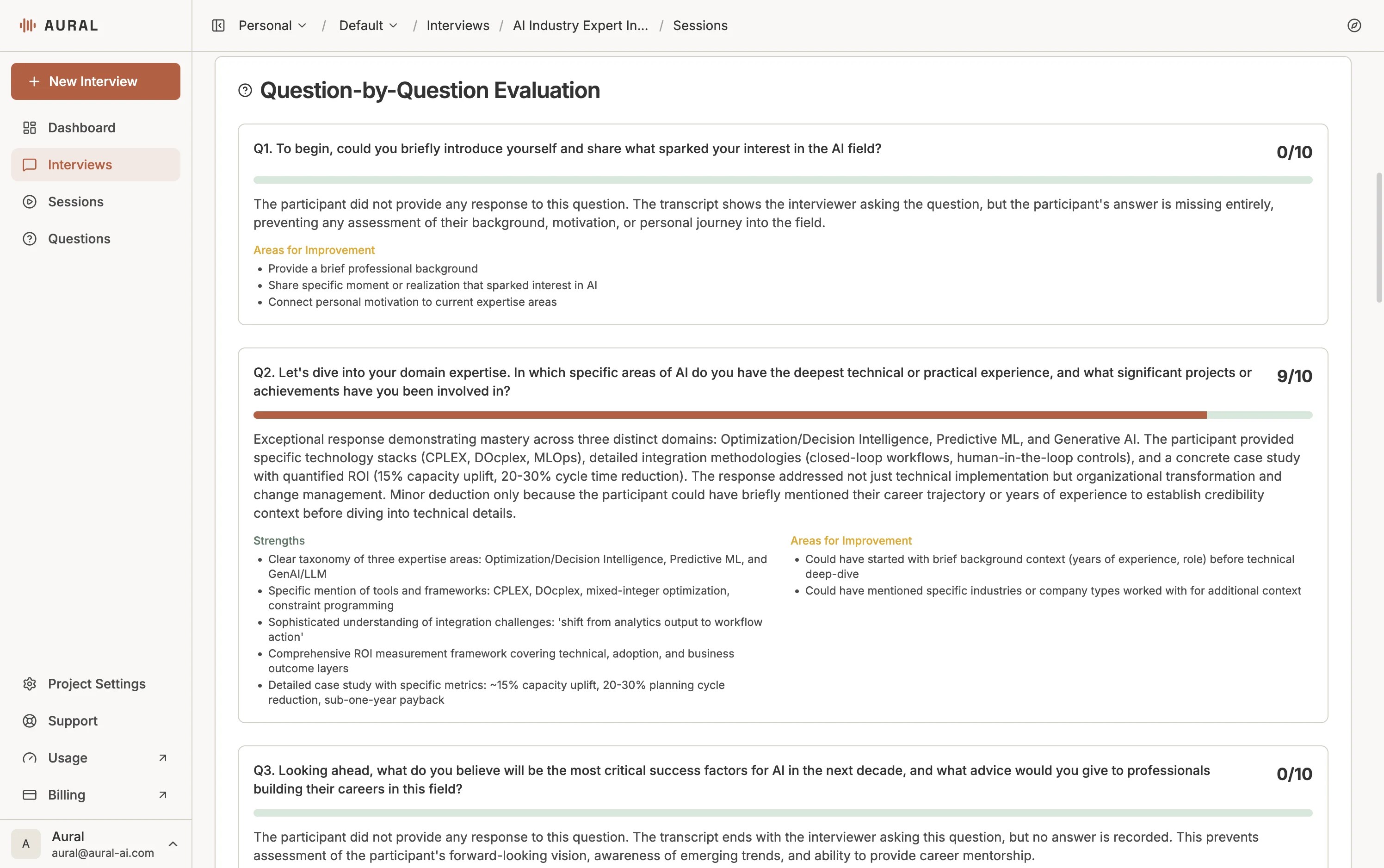Question-by-question evaluation with scores, strengths, and areas for improvement