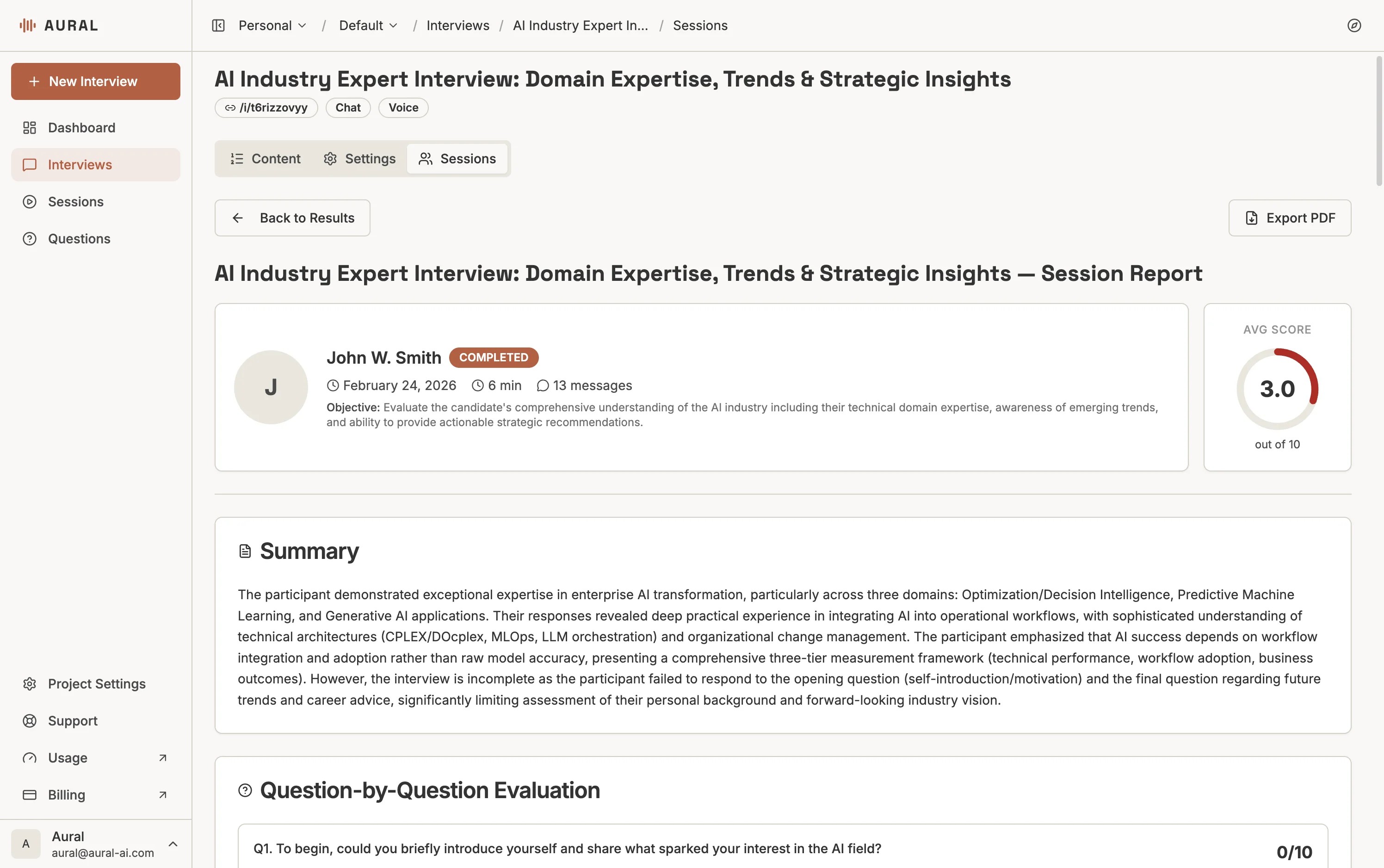 Session report header with candidate info, completion status, average score, and AI summary
