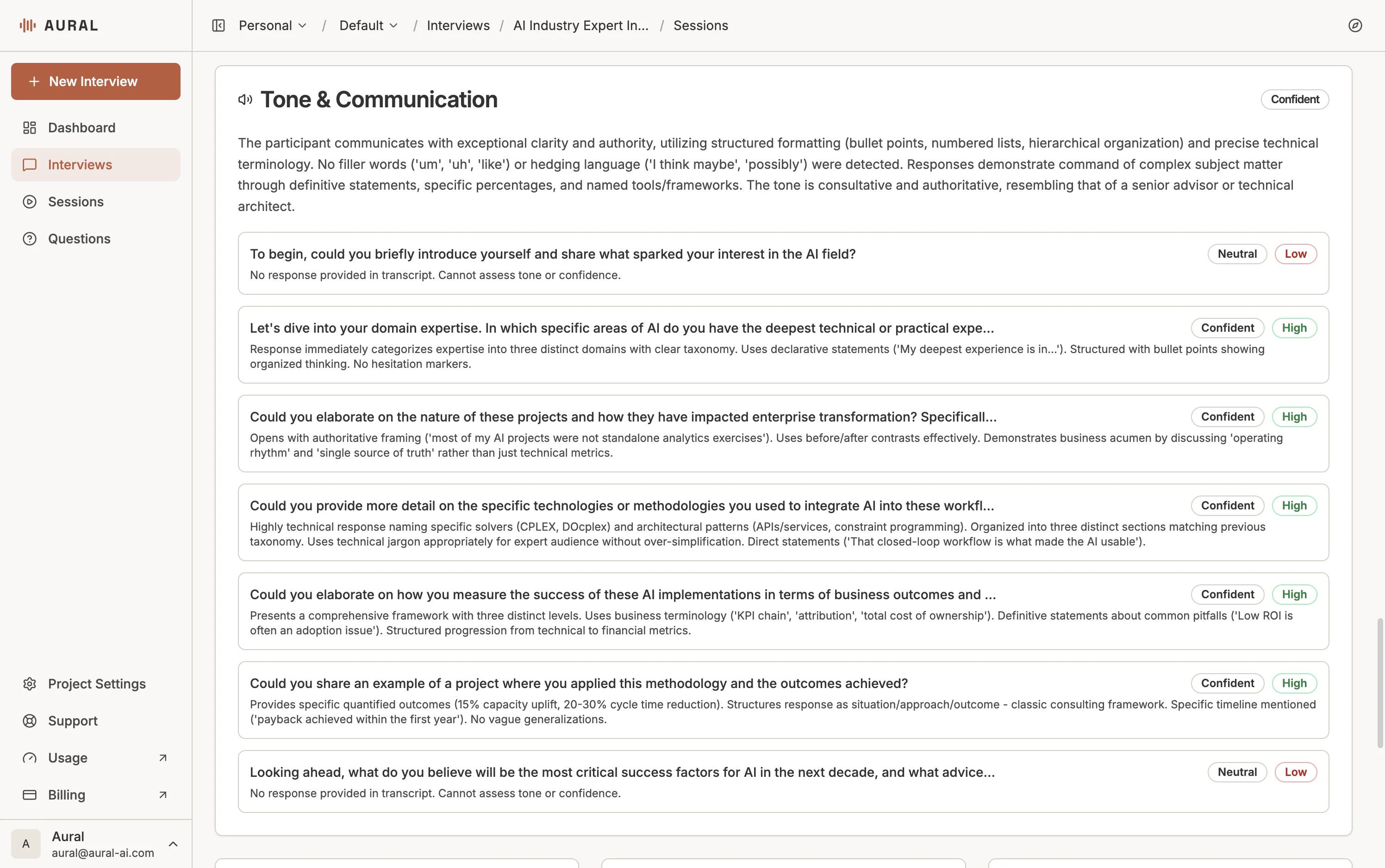 Tone and Communication analysis with per-question confidence and impact ratings
