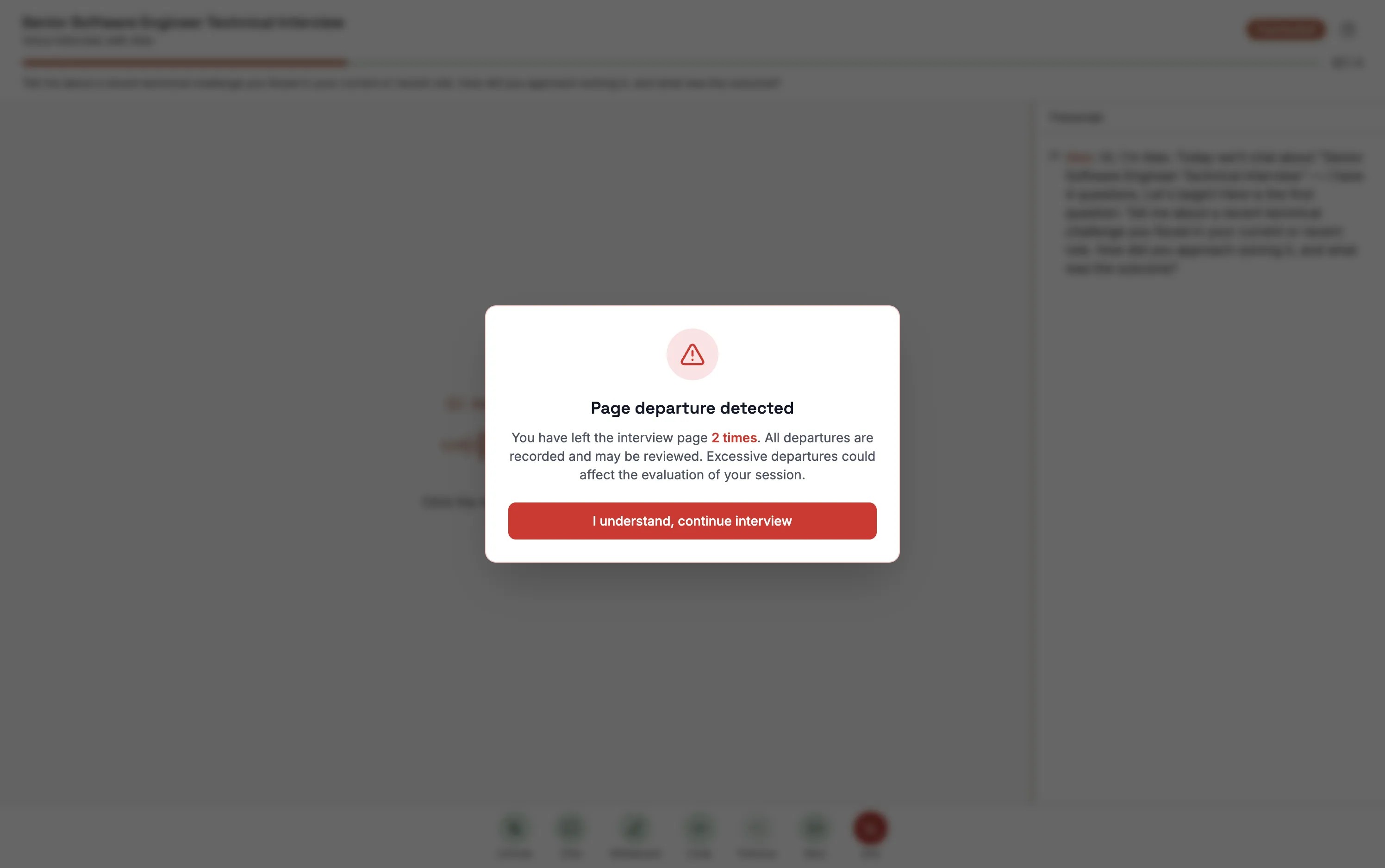 Page departure dialog showing the number of departures and a warning about reaching the maximum allowed count