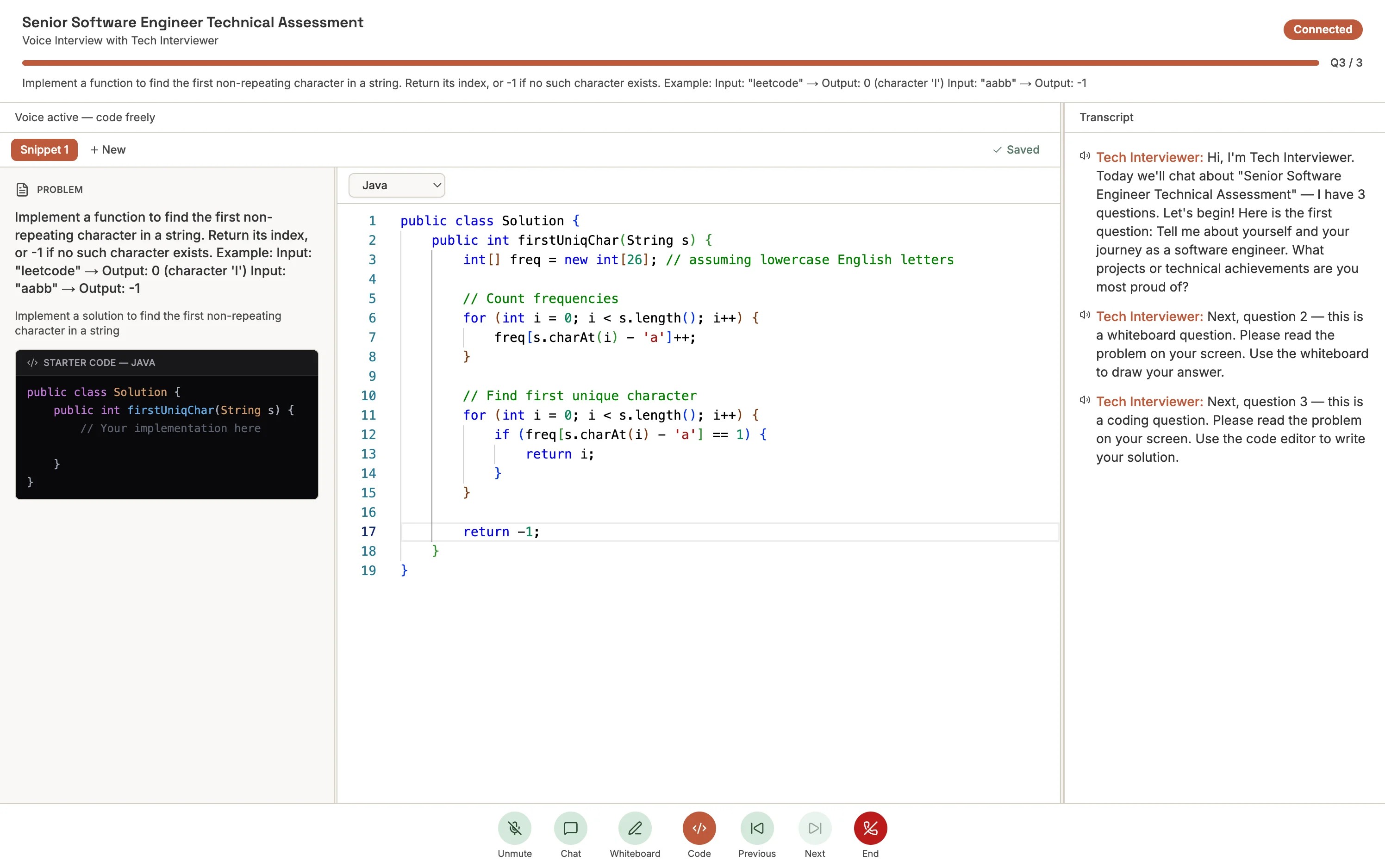 Coding question screen — Monaco editor with Java code, language selector, and transcript panel