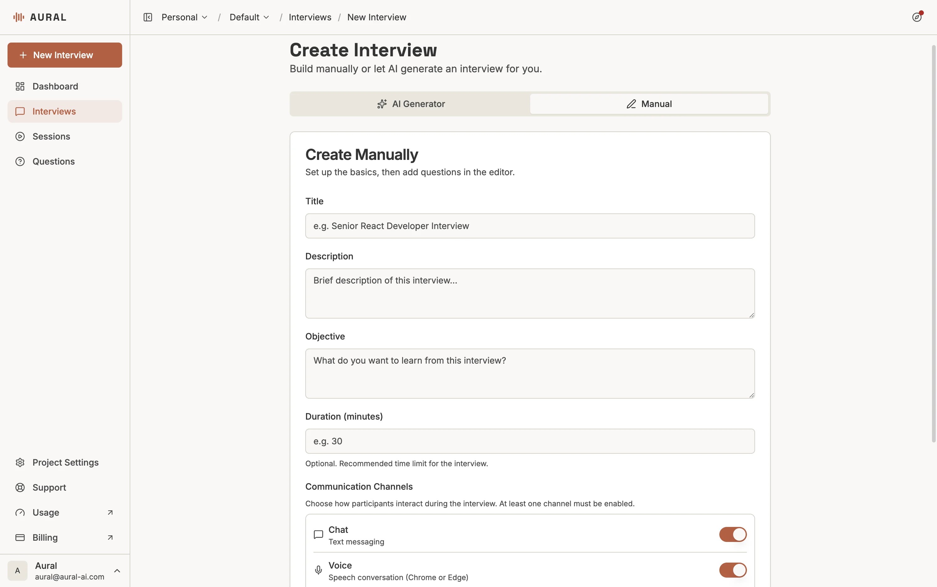 Manual creation tab with title, description, objective, and channel options