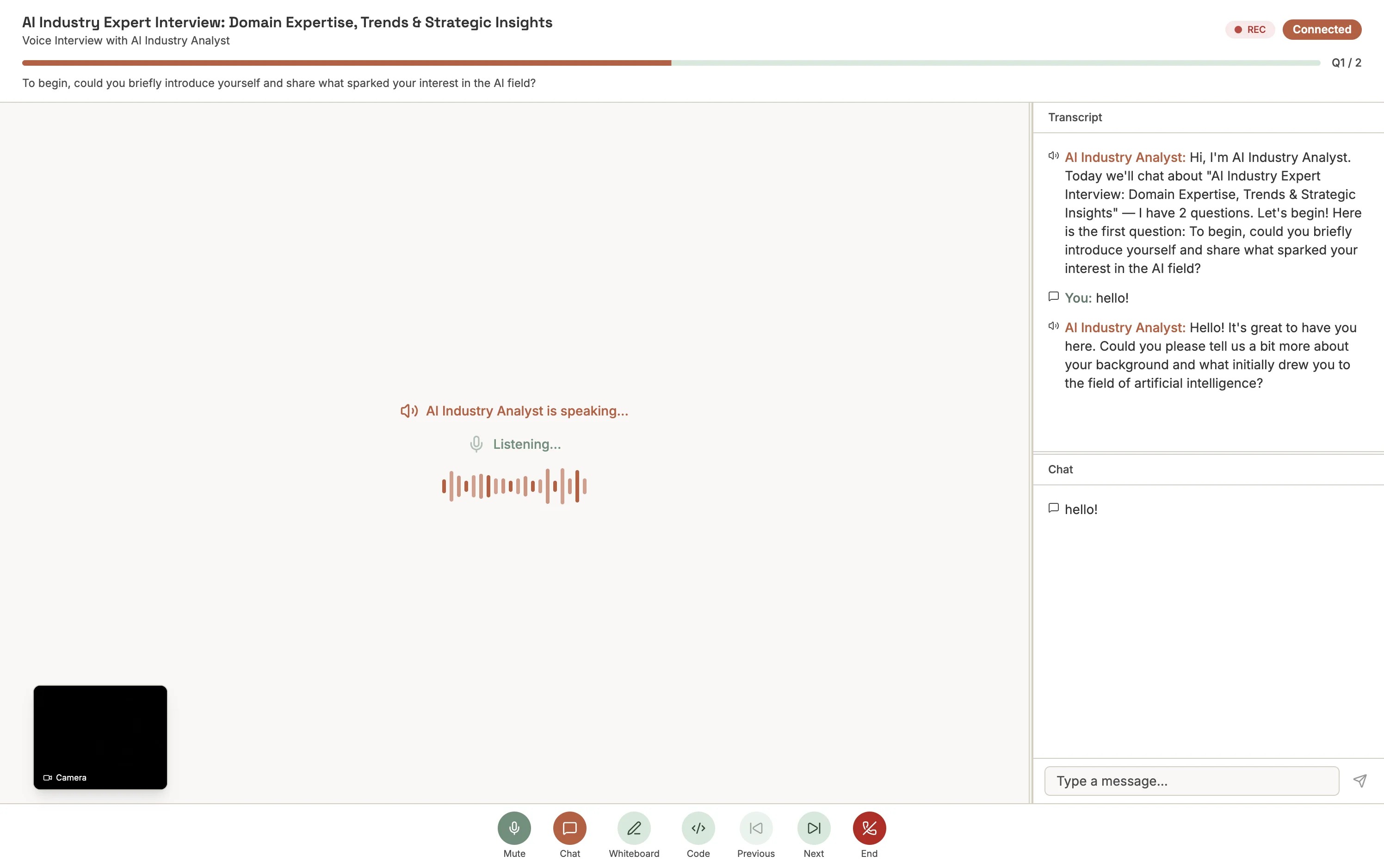 Interview session with voice, chat, and video modes active — transcript on the right, camera preview at bottom left