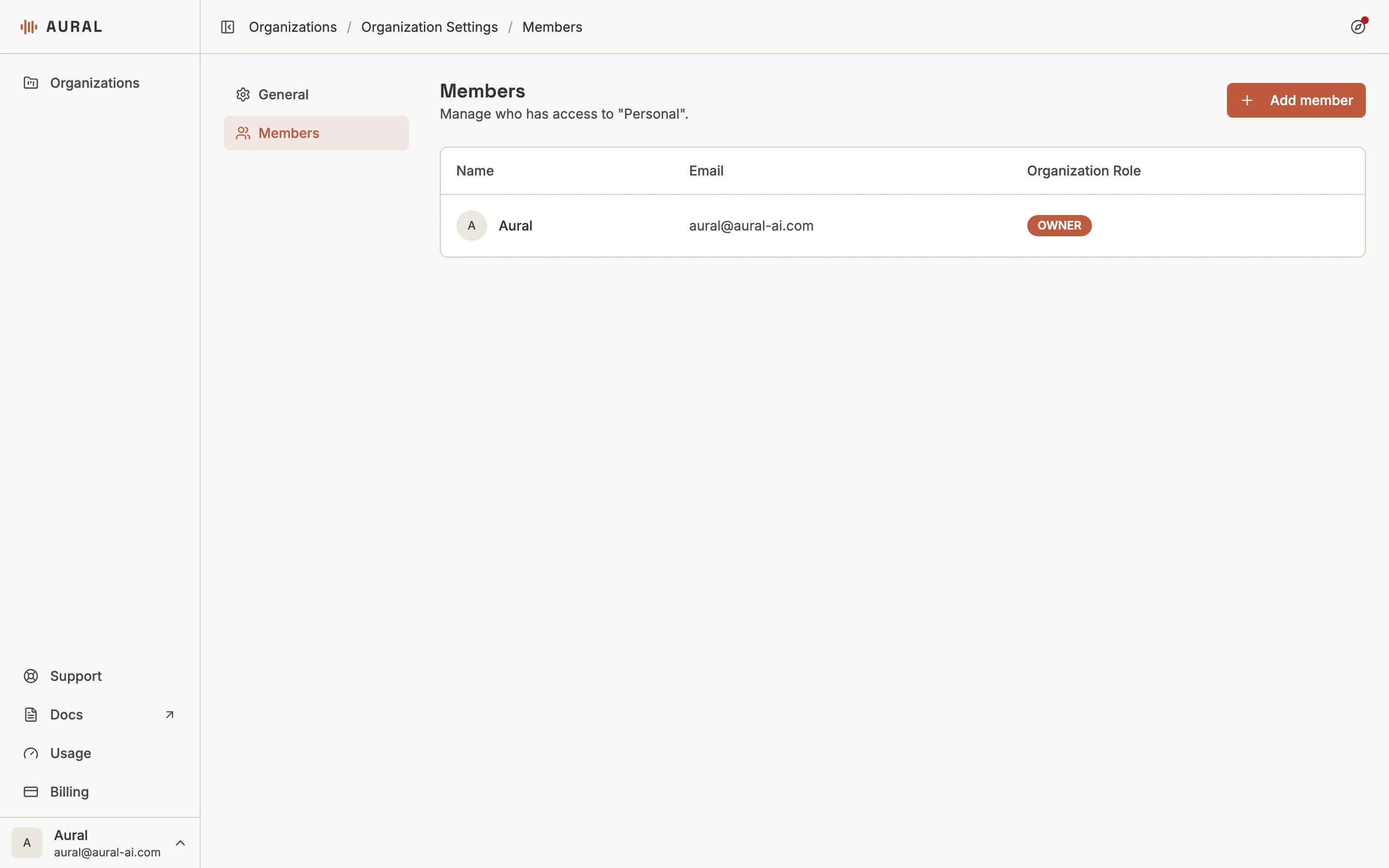 Organization Members page with member table and Add Member button