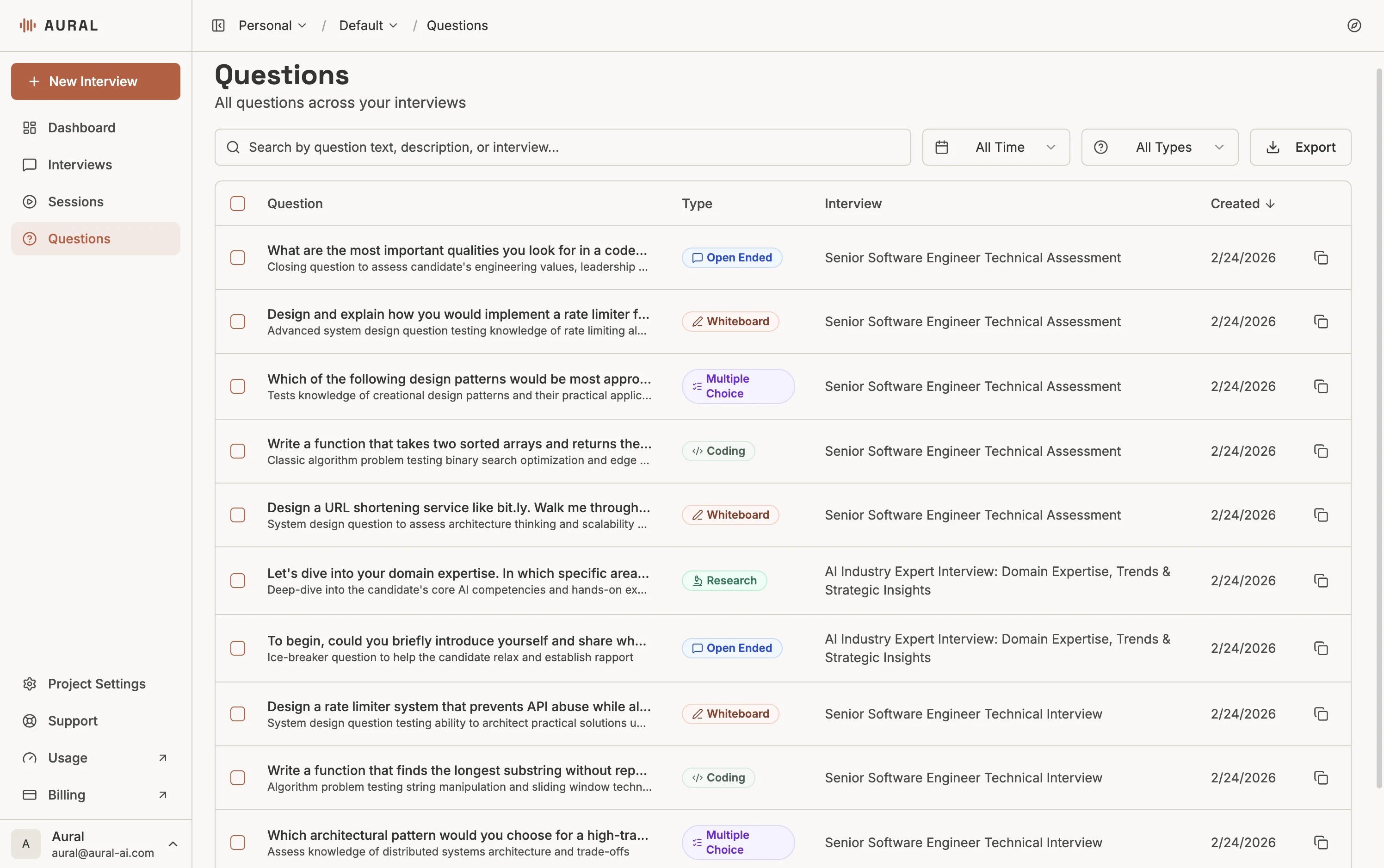 Questions page with search, type filter, and question list