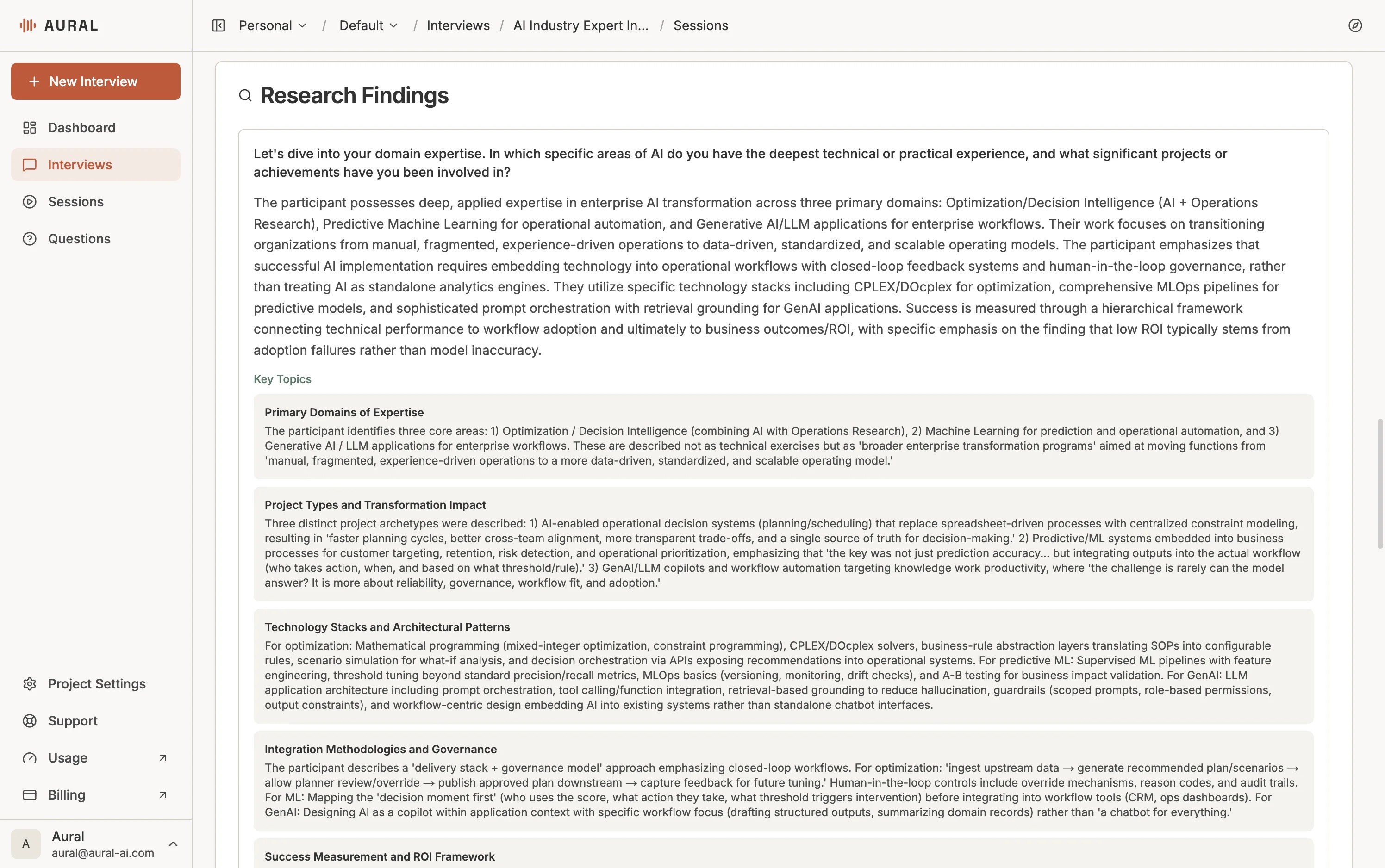 Research Findings section in the session report — extracted topics and data points